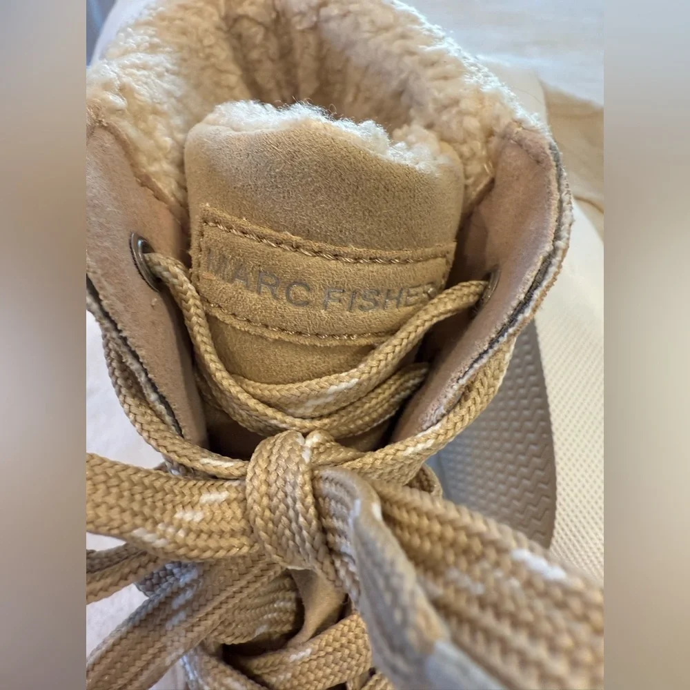 Marc Fisher tan sneaker boots with a Faux Fur Lining lace up white sole SZ 11M
